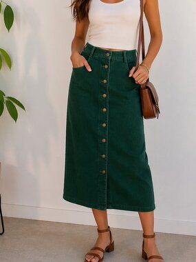 Vintage Emerald Green Button Front Denim Pencil Skirt Size 4